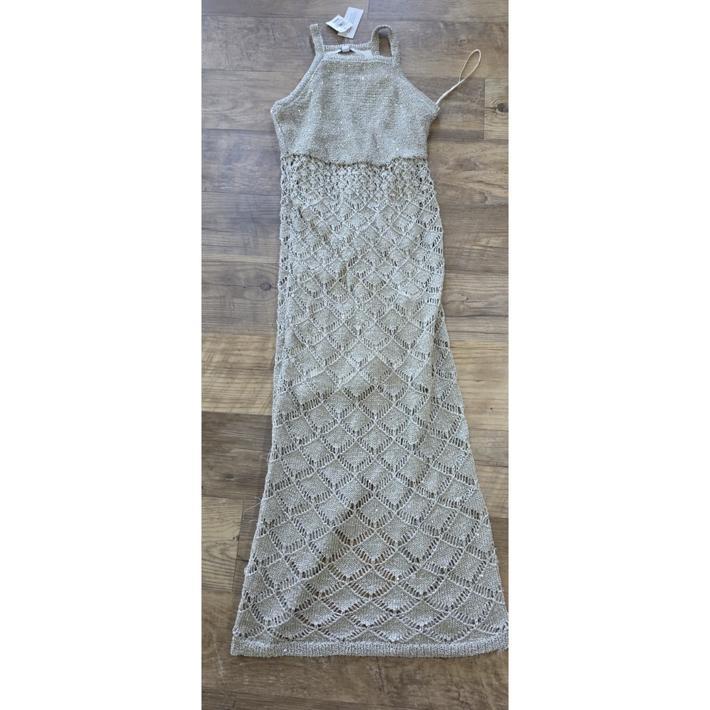 Bar III Sheer Gold Maxi Dress Sz S Crochet Overlay Geometric Festival